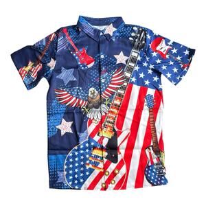 Patriotic Boys Button Up Hawaiian Shirt Eagle Guitar American Flag Size XL USA